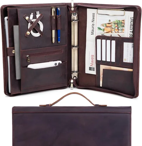 Vista 10 de Carpeta de 3 anillos de cuero vegano con portapapeles, mango oculto, 8.5 x 11 pulgadas con cremallera, organizador de negocios, folio ejecutivo Negro