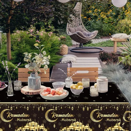 Vista 7 de 1 Manteles Ramadán Mubarak Eid Mubarak Decoraciones de Mesa Ramadán Kareem Suministros de Fiesta Negro y Dorado Cubierta de Mesa Rectangular