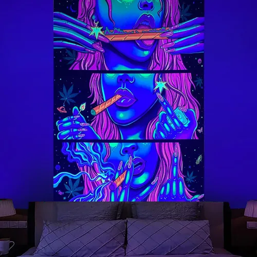 Vista 7 de Tapiz hippie hippy de pared Trippy para fumar, tapices de luz negra para fumadores, decoración de habitación, accesorios de marihuana, tapices