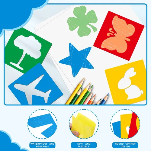 Vista 4 de Plantillas de 24 piezas, plantillas de dibujo grandes, plantilla de tiza, 8 pulgadas, juego de plantillas de forma lavable para manualidades, dibujo