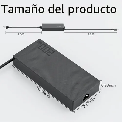 Vista 3 de Cargador de portátil para juegos de 200W 10A para ASUS ROG Zephyrus TUF Carga rápida de 20 V 10 A Potencia estable para juegos Control de Negro