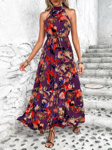 Vista 7 de WDIRARA Vestido largo sin mangas con estampado floral y dobladillo con volantes, acampanado, para verano