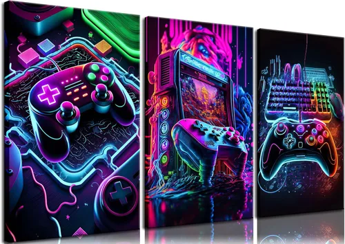 Vista 9 de BGFCE Arte de Lienzo de Pared para Gaming, Pinturas de Arte de Controlador de Juego con Salpicaduras de Tinta de Color, Pósteres para Estética