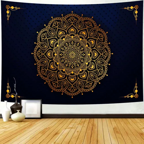 Vista 10 de Delur Tapiz de mandala negro y dorado, astrología, espacio, hippie bohemio, medallón floral, tapiz para colgar en la pared, estético, cabecero