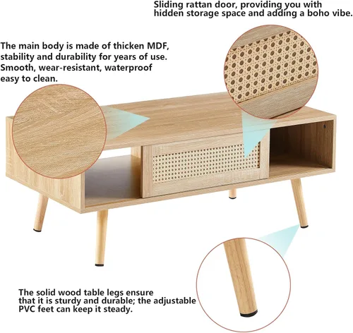 Vista 3 de Mesa de centro de ratán, mesa de centro moderna de mediados de siglo de 40.3 pulgadas con almacenamiento, mesa rectangular de madera para sofá