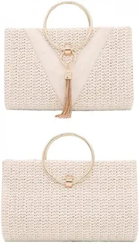 Vista 6 de Bolso de mano de paja para mujer, elegante bolso de mano de verano para playa, borlas con asa superior con cadena