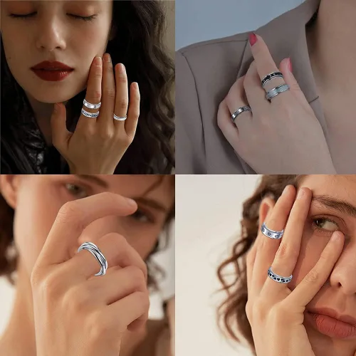 Vista 2 de KELAIEN 8 anillos de acero inoxidable para mujeres y hombres, anillos giratorios para ansiedad, anillos giratorios, flores, luna, estrella, sol