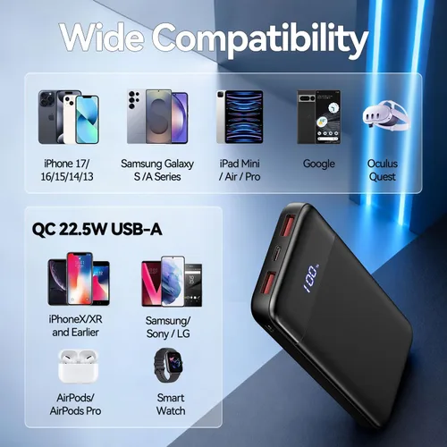Vista 3 de Cargador portátil, banco de energía delgado de 10000mAh, cargador de teléfono portátil de 22.5W PD QC con carga rápida de 3 salidas y 2 entradas