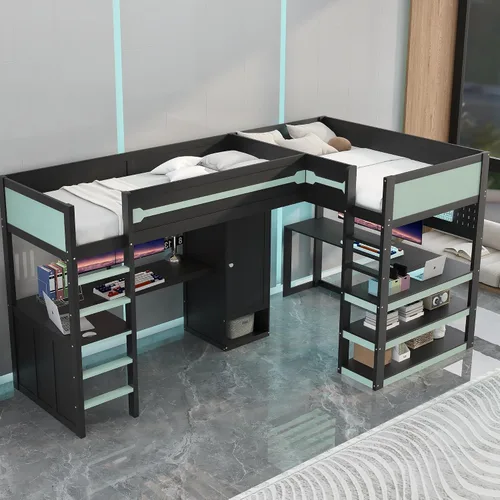 Vista 4 de Twin Size L-Shaped Gaming Loft Bed with Dual Built-in Desks，Black+Blue-P