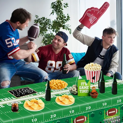 Vista 3 de Paquete de 4 manteles de fútbol americano, fundas para mesa de cumpleaños, fiesta temática de fútbol, mantel desechable para mesa de retorno