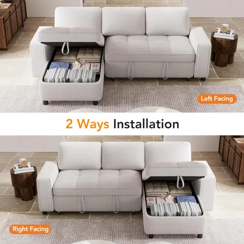 Vista 7 de Vipbear Sofá cama modular de 81 pulgadas con cama extraíble, sofá en forma de L con respaldo reclinable, diván de almacenamiento reversible, puertos