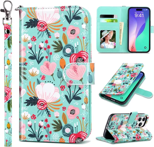 Vista 26 de ULAK Funda tipo cartera compatible con iPhone 15 Pro con tarjetero y diseño de flores, para mujeres y niñas, piel sintética, con función atril