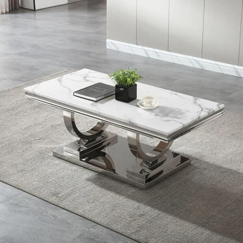 Vista 8 de Mesa de centro de mármol sintético de 47 pulgadas, moderna mesa de café blanca con mesa de mármol de 0.71 pulgadas de grosor y base de acero Blanco