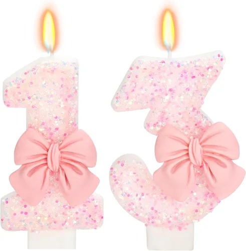 Vista 41 de Vela de cumpleaños para pastel, vela 0 - purpurina rosa con lazo, vela de feliz cumpleaños de 2.76 pulgadas, adorno superior de pastel para fiestas