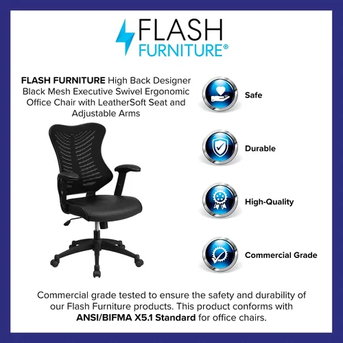 Vista 4 de Flash Furniture Kale Silla de oficina ergonómica giratoria ejecutiva de malla negra con asiento LeatherSoft y brazos ajustables Asiento ergonómico