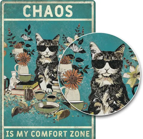 Vista 3 de Letreros de metal vintage con diseño de gato verde, 8 x 12 pulgadas, divertido arte para amantes de los gatos, para sala de estar, oficina, tienda