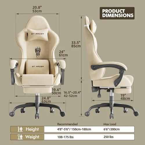 Vista 3 de Ferghana - Silla de tela de terciopelo para juegos, silla Gamer ergonómica de respaldo alto para adultos, silla cómoda para videojuegos