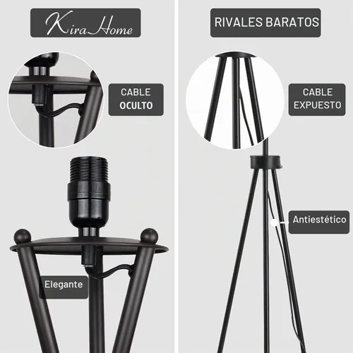 Vista 3 de Kira Home Sadie & Juno, RV-F5017-BKLR-BK Premium Black Linen Fabric Drum Shade, Stitched Faux Leather Leg Accents, Efficient 9W LED Bulb Included