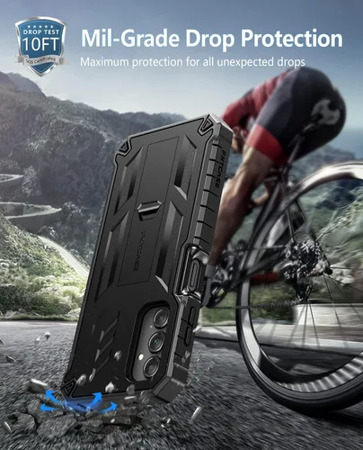 Vista 5 de FNTCASE Funda para Samsung Galaxy A14-5G: Funda de TPU resistente con textura de doble capa a prueba de golpes con soporte Protección contra Negro