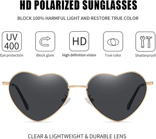 Vista 2 de Gafas de sol polarizadas con forma de corazón para mujer, marco de metal, estilo encantador, protección UV400