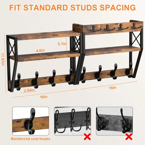 Vista 4 de Perchero grande mejorado de 3 niveles con estante, soporte de pared versátil 4 en 1 para colgar abrigos y llaves, estante de pared de entrada de 32