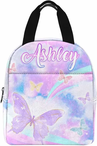 Vista 8 de InterestPrint Bolsa de almuerzo con nombre personalizado para hombres y mujeres, diseño de mariposa rosa y azul personalizada, caja de almuerzo