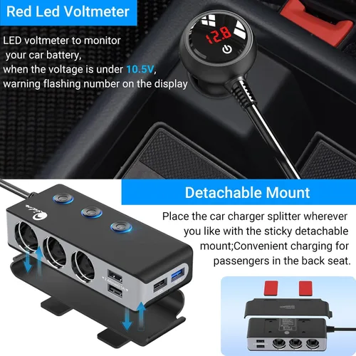 Vista 5 de Qidoe - Divisor de encendedor de cigarrillos de carga rápida 3.0, adaptador de encendedor de cigarrillos de 180 W con 4 USB de carga rápida, CC 12
