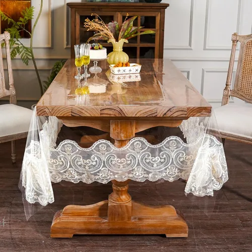Vista 4 de ARTABLE Mantel rectangular de vinilo de PVC, impermeable, transparente, con borde de macramé de encaje champán, para boda, cocina, hogar