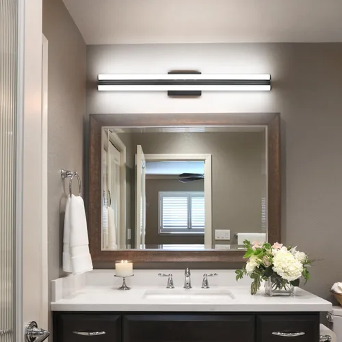 Vista 3 de SOLFART Lámpara de baño negra mate, barra de luz de tocador de 32 pulgadas, luces LED para espejo, luces LED para espejo, luz negra de tocador