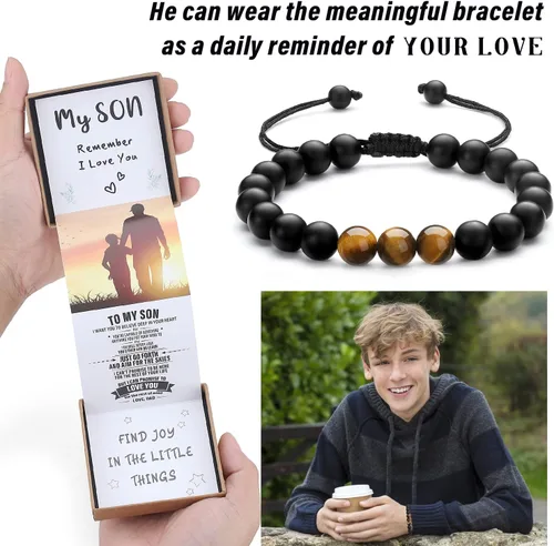 Vista 10 de Pulsera de cristal natural para adolescentes, niños, hombres, caja de regalo extraíble especialmente para hijo, nieto, papá, amor en cumpleaños