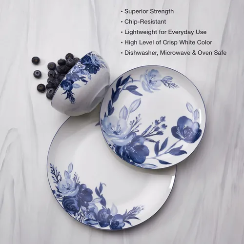Vista 5 de Mikasa Darcy Bone China - Juego de vajilla ligera de porcelana Bone China de 12 piezas resistente a astillas, servicio para 4, azul y blanco