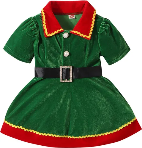 Vista 2 de Luckinbaby Disfraz de Navidad para niñas pequeñas, vestido de manga corta con cuello de muñeca de color contrastante + sombrero + calcetines a rayas