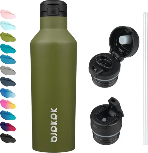 Vista 18 de BJPKPK Botella de agua aislada con pajilla, botellas de agua de acero inoxidable de 17 onzas con 2 tapas y asa de transporte, botella térmica