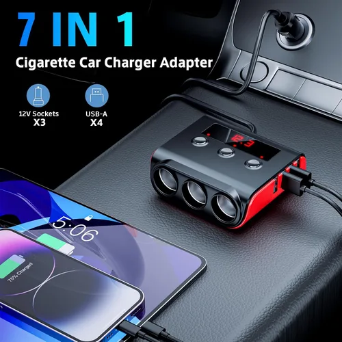 Vista 2 de SONRU - Divisor de encendedor de cigarrillos 7 en 1, divisor de encendedor de cigarrillos con 4 puertos USB de carga rápida, interruptores
