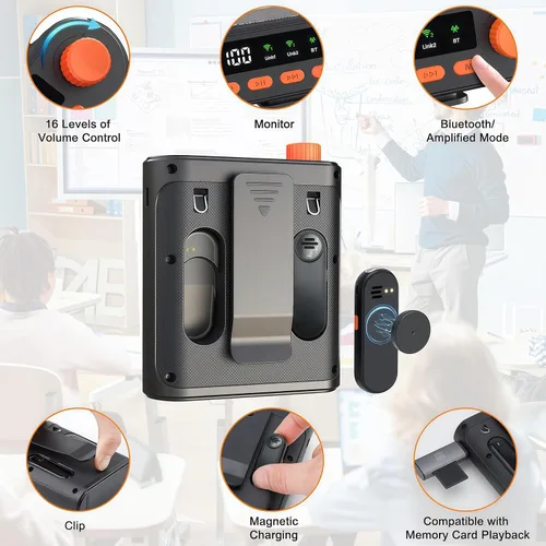 Vista 4 de Amplificador de voz inalámbrico portátil con dos micrófonos Lavalier Bluetooth, mini altavoz inalámbrico recargable de megáfono de voz