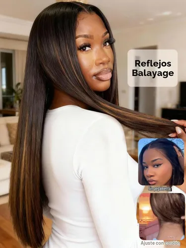 Vista 2 de UNICE - Peluca de encaje frontal de 13 x 4 con reflejos balayage marrón, de cabello humano Yaki liso, todo incluido, sin pegamento, con cordón