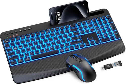 Vista 11 de Combo ergonómico de teclado y mouse inalámbricos, teclado retroiluminado recargable de 4000 mAh con un reposamanos suave de piel de cordero