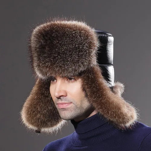 Vista 9 de URSFUR Sombrero de invierno para hombre, gorra de trampero ruso Ushanka de zorro real