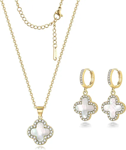 Vista 8 de Juego de trébol de la suerte, collar de trébol y aretes de aro, colgante negro, blanco, verde, chapado en oro de 18 quilates, joyería linda de moda