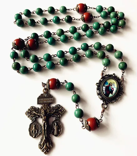 Vista 2 de elegantmedical Hanmade - Cuentas de oración de cornalina roja y cuentas de howlita rosario católico de bronce envejecido Crucifijo collar de cruz