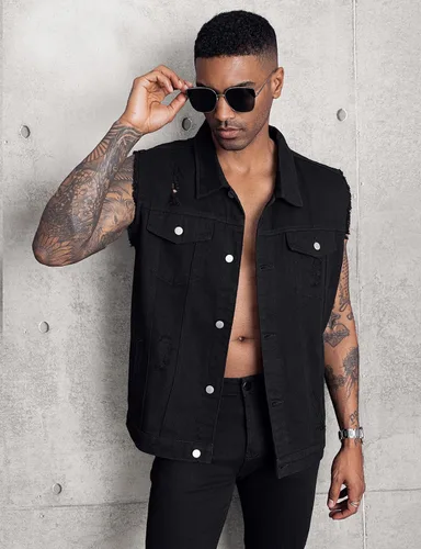 Vista 5 de LONGBIDA Chaleco de mezclilla para hombre, sin mangas, rasgado, ajustado, chaqueta de mezclilla desgastada