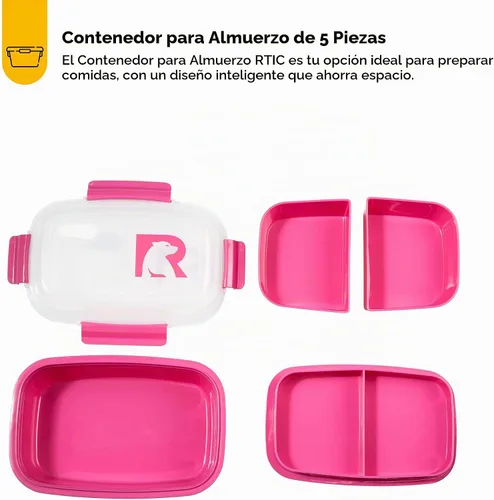 Vista 2 de RTIC Recipientes de almuerzo de 5 compartimentos, contenedor de comida caliente con tapa para adultos, caja de almuerzo dividida apta para Rosa