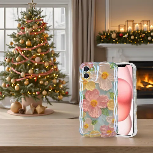 Vista 2 de IDweel Funda para iPhone 11, Lujosa Pintura al Óleo Retro Colorida con Patrón de Flores Brillantes Impresas, Lindo Borde Ondulado Rizado, Exquisita