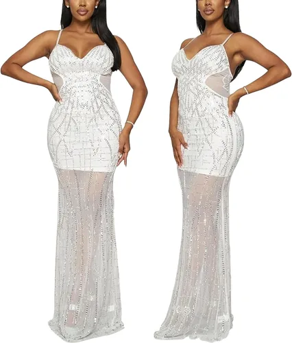 Vista 3 de PORRCEY - Vestido sexy con diamantes de imitación para mujer, vestido de noche para fiesta y club