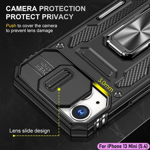 Vista 4 de Funda resistente para Apple iPhone 13 Mini, protección híbrida de goma de doble capa de grado militar con protector de cámara deslizante, soporte