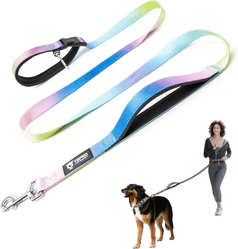 Vista 22 de TSPRO Correa táctica para perro, manos libres, resistente, ajustable, con mango acolchado y cierre de seguridad de metal para caminar, correr Azul