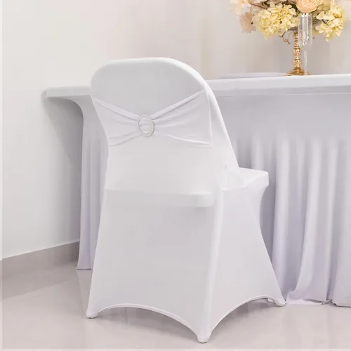 Vista 29 de Efavormart - Funda para silla de banquete de elastano beige con banda de hebilla de diamantes de imitación plateados, funda elástica para silla