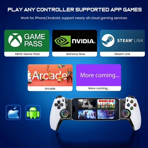 Vista 4 de Controlador de teléfono inalámbrico para iPhone/Android/Switch 1/2/OLED/iPad Mini con Hall Joystick, controlador de juegos móvil LED para iOS