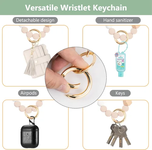 Vista 5 de KNGITRYI Cartera llavero pulsera para mujer, delgado RFID tarjeta de crédito, monedero, borla llavero brazalete para hombres y mujeres