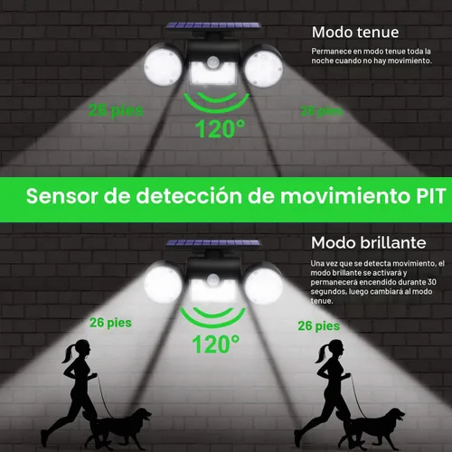 Vista 3 de Luces solares para exteriores, luces de seguridad con sensor de movimiento, luces solares de pared con focos de doble cabeza, LED, impermeables